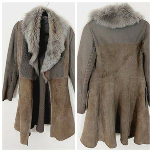 Elie Tahari Genuine Suede/Shearling Gray Fur Collar Coat Sz XS. NEEDS CLEANING!